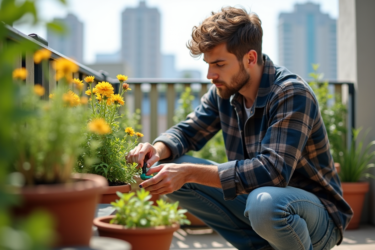 Jeune homme ajustant un système d