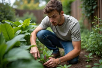 Jeune homme dans un jardin examine un cafard brun