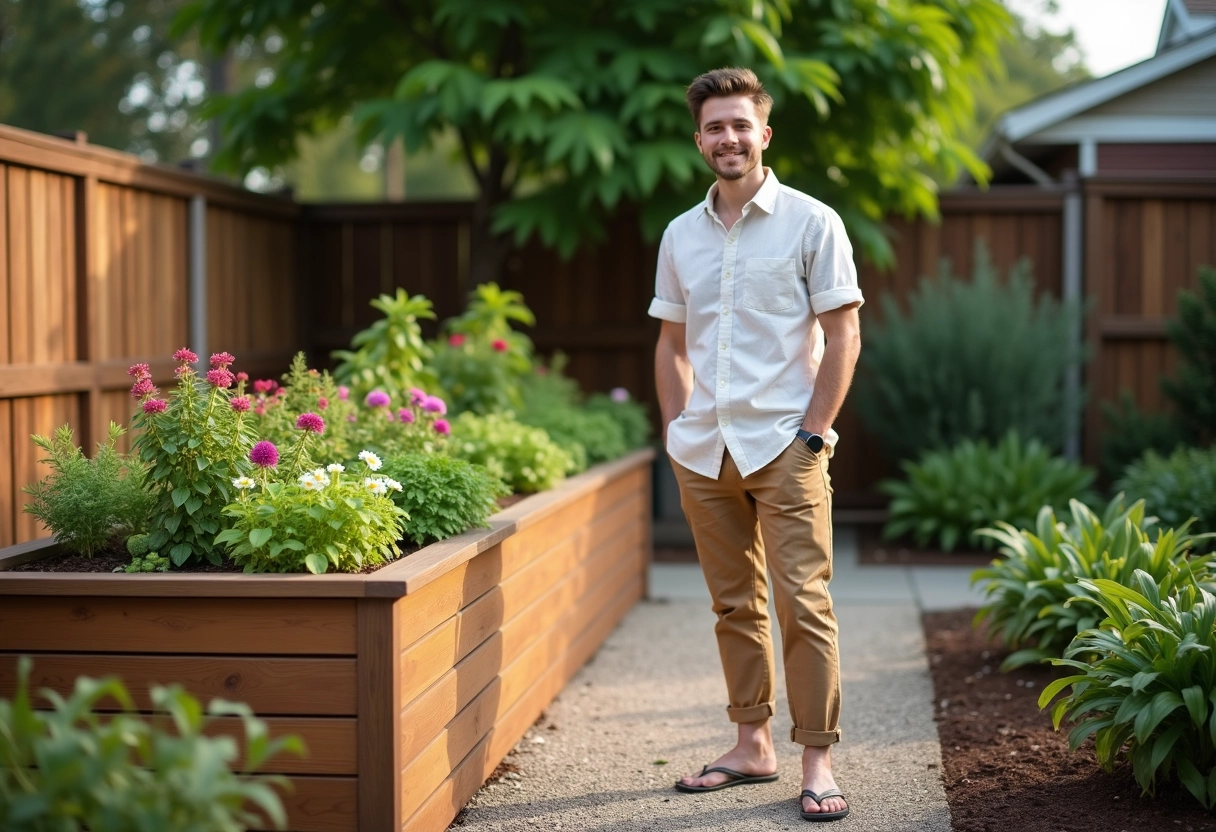 Jeune homme avec planter de fleurs dans le jardin