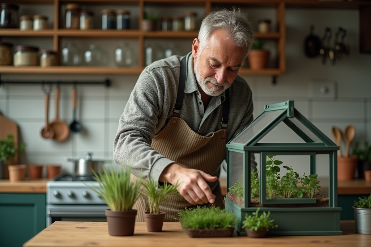 Homme arrangeant des semis dans une serre de cuisine chaleureuse