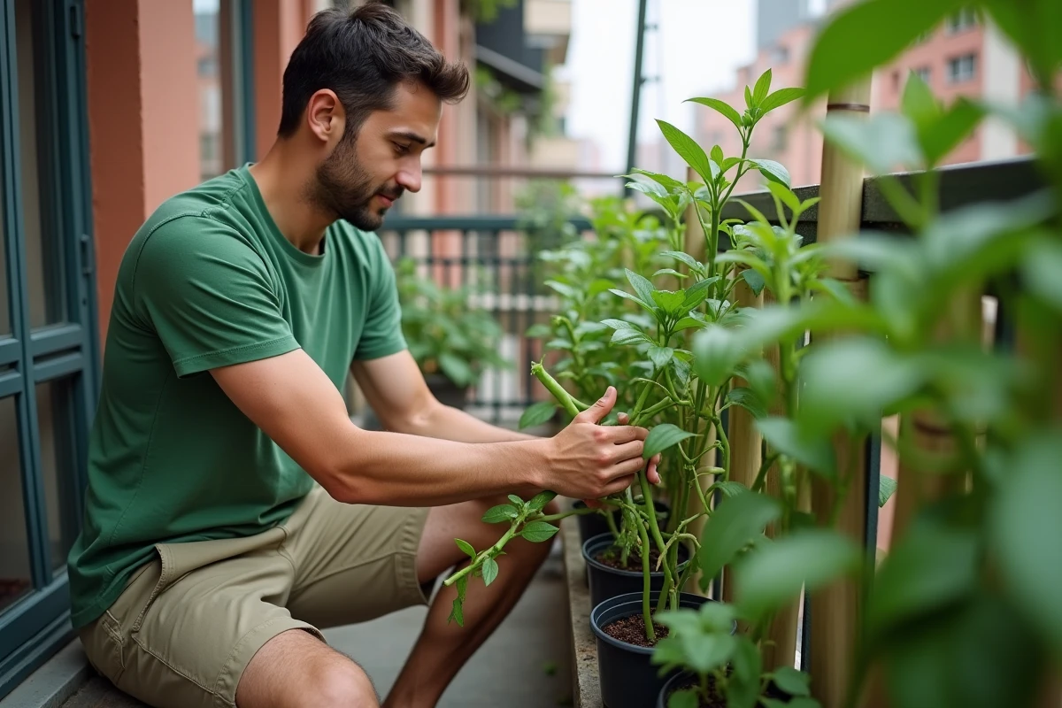 Jeune homme cultivant des haricots en balcon urbain