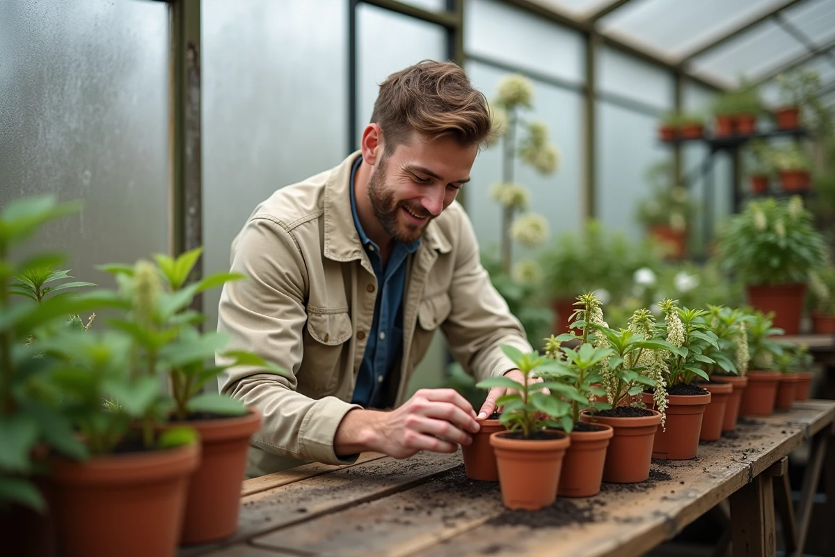 Jeune homme plantant des glycines dans un serre