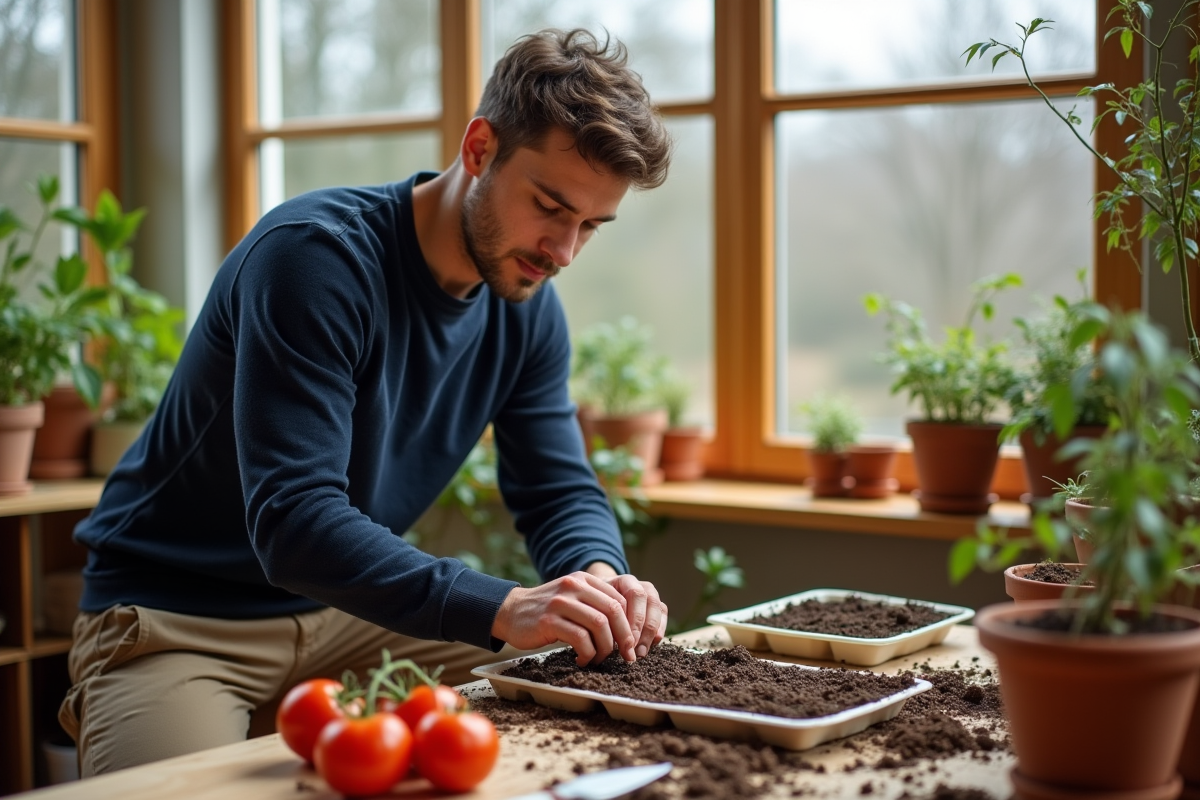 Jeune homme plantant des graines de tomates en intérieur