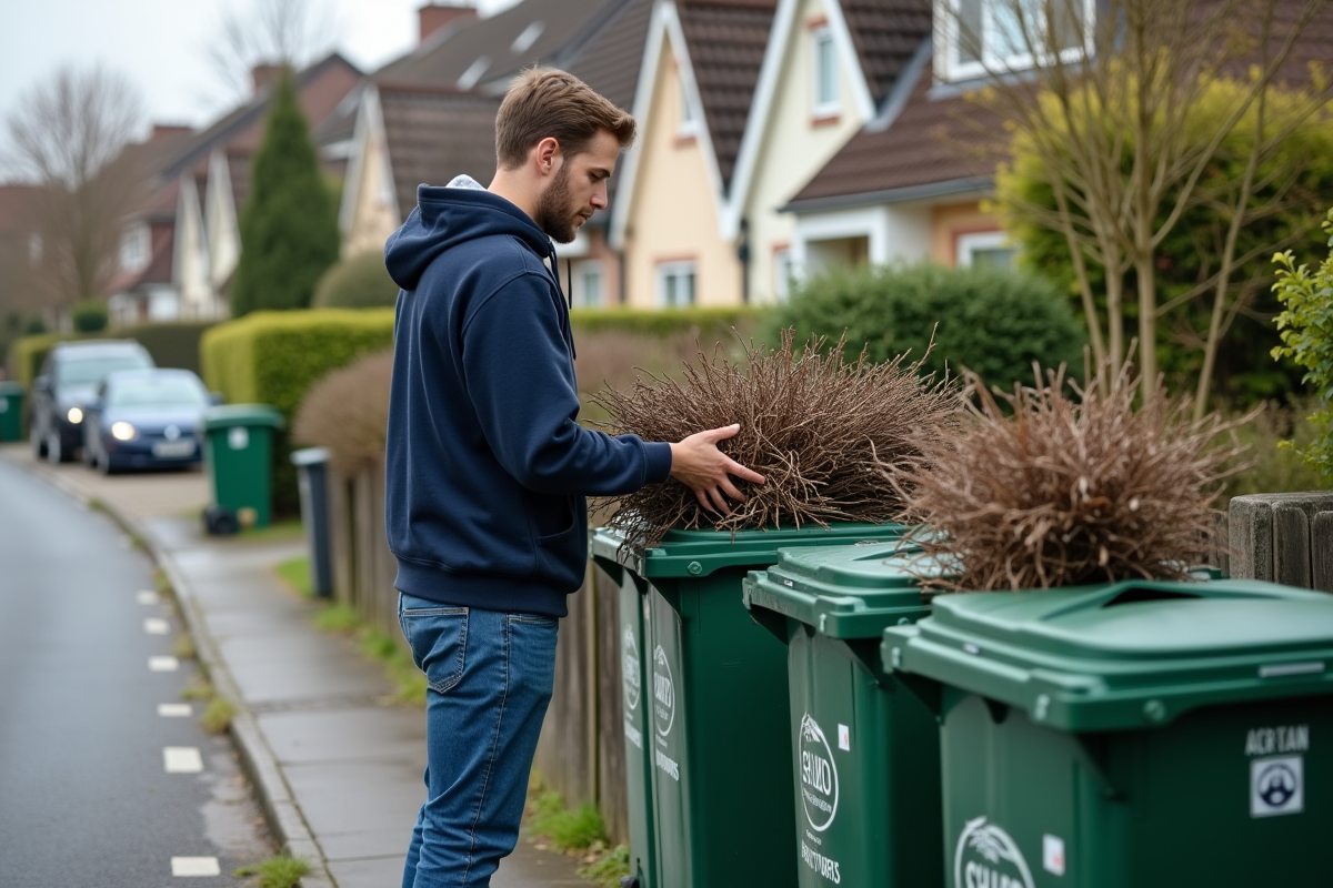 Jeune homme triant branches dans conteneur vert