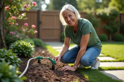 Femme ajustant un système d'irrigation dans son jardin