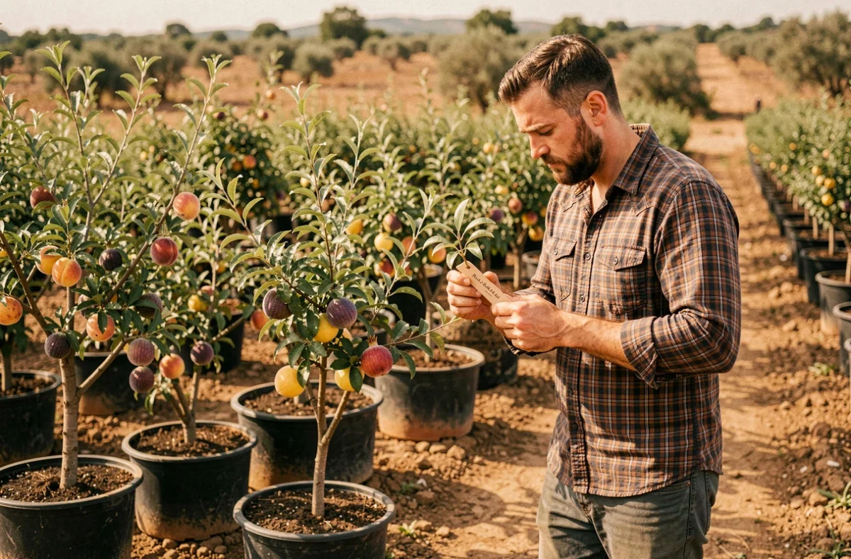 Kelly Pépinière à Saint-Chaptes, spécialiste des fruitiers résilients avec pêchers, figuiers et grenades en conteneurs sur sol naturel
