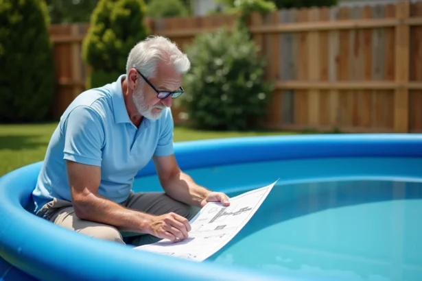 Homme lisant un schéma d'installation de pompe piscine Intex au bord d'une piscine hors-sol dans un jardin