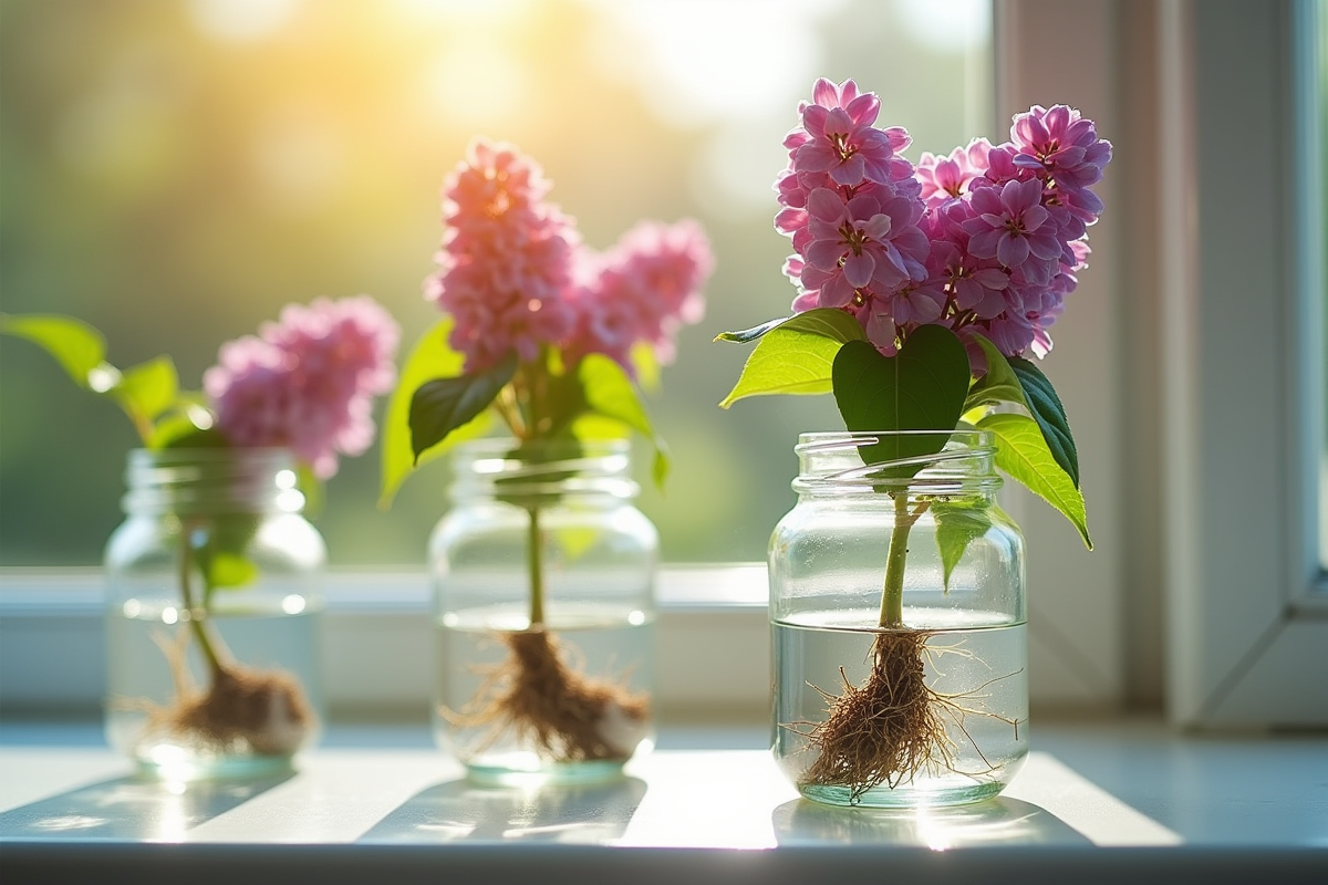 Lilas en vase avec racines en formation sur une fenêtre ensoleillée