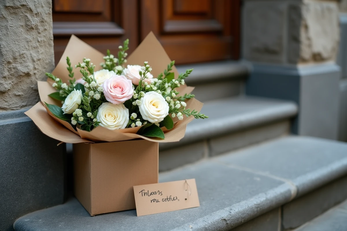 Bouquet Promesse de Fleurs livré sur un pas de porte avec emballage et carte de soin