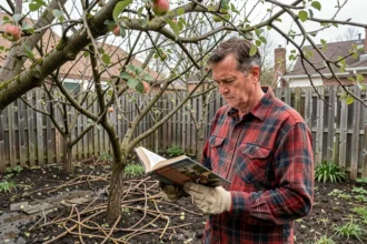 Homme consultant un livre d'élagage dans son jardin face à des pommiers à tailler