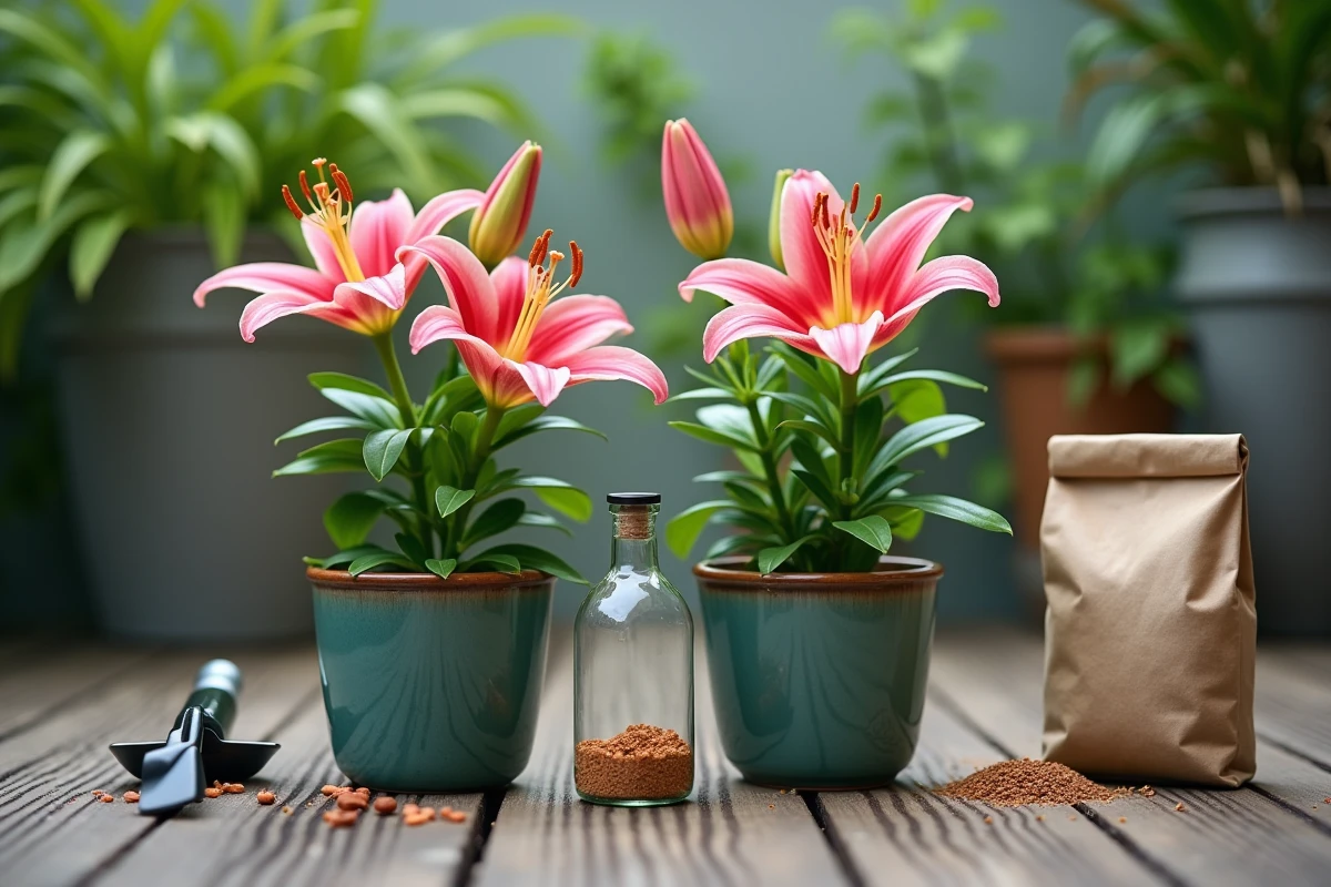 Pots de lys orientaux sur un balcon en bois avec outils de jardinage et engrais à libération lente