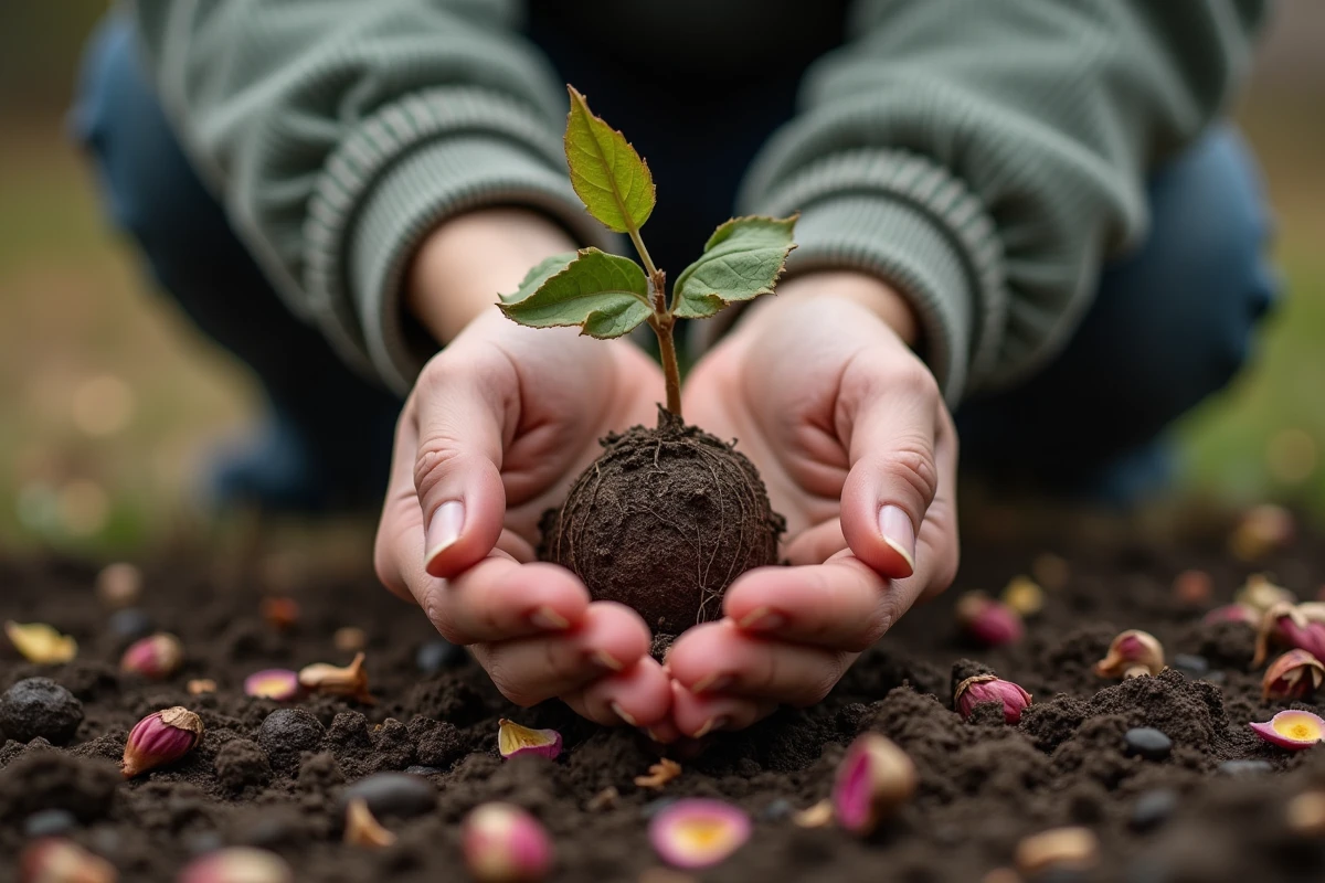 Jeunes mains tenant un lilas fané dans le sol d