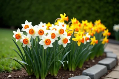 Massif de jardin avec narcisses blancs et jonquilles dorées en pleine floraison, bordé d'un chemin en pierre