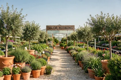 Vue panoramique d'une pépinière en Occitanie avec rangées de plantes méditerranéennes en pots, allées de gravier et végétation luxuriante sous le ciel du sud de la France