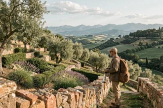 Vue panoramique d'un jardin paysager méditerranéen dans les Pyrénées-Orientales avec collines, oliviers et murets en pierre sèche