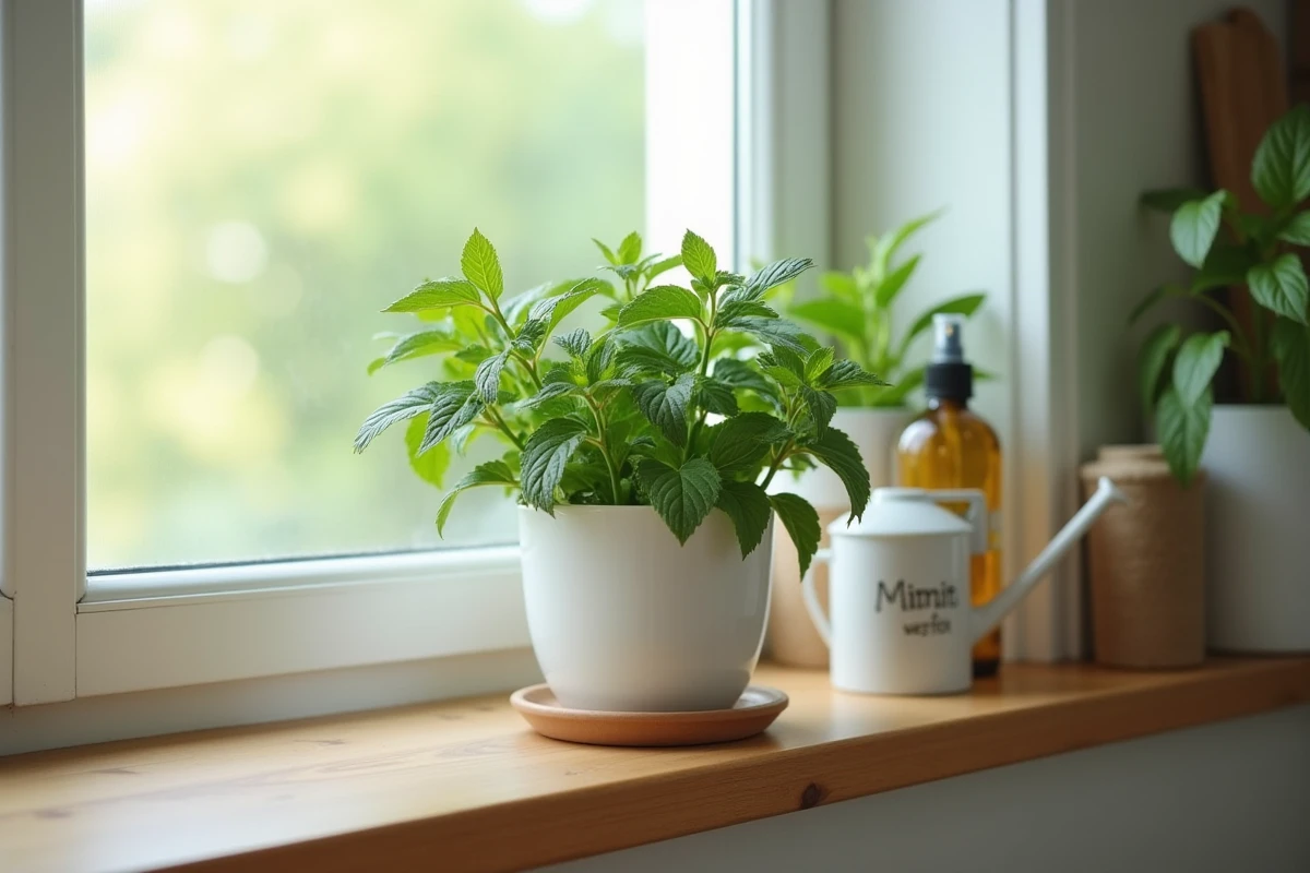 Menthe en pot à l'intérieur sur rebord de fenêtre avec feuilles noircissantes et solutions de traitement