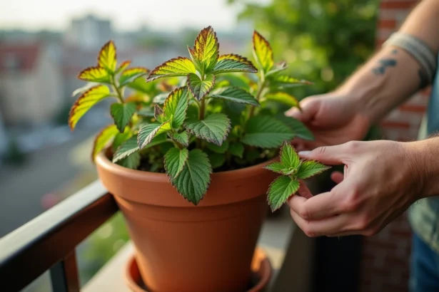 Pot de menthe sur balcon avec feuilles qui noircissent, mains inspectant le feuillage abîmé
