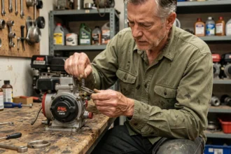 Mécanicien installant le ressort régulateur sur un moteur Briggs et Stratton dans un atelier de réparation
