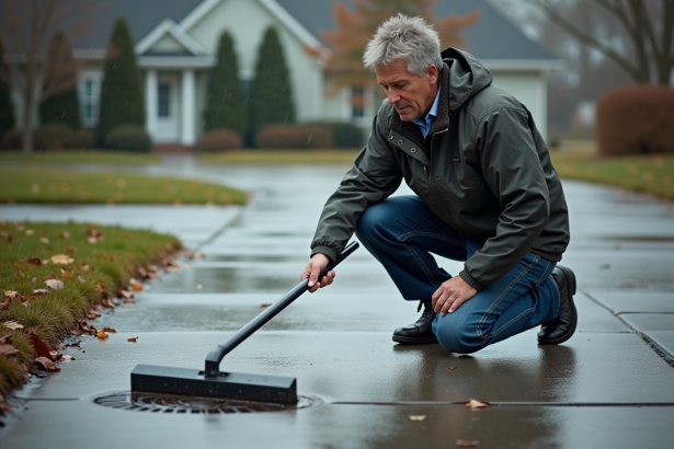 Homme d'âge moyen nettoyant une voie résidentielle après pluie
