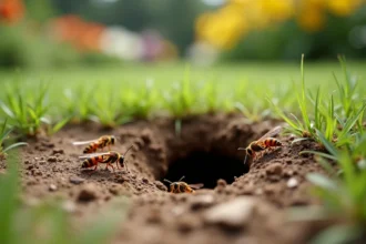 Entrée d'un nid de guêpes dans le sol d'un jardin, vue rapprochée au ras du sol avec des guêpes actives autour du trou