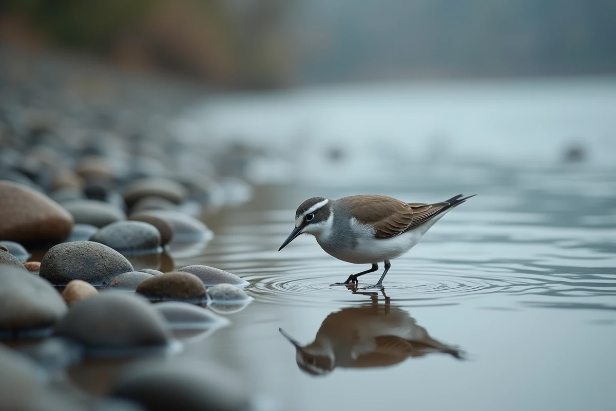 Petit oiseau gris et blanc en train de chercher sa nourriture sur les galets d'un bord de rivière