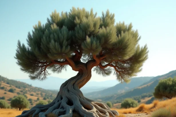 Vieux olivier noueux dans un paysage méditerranéen avec des feuilles argentées et un tronc tortueux évoquant une symbolique spirituelle ancestrale