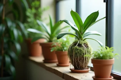 Orchidée en pot dans de la sphaigne verte humide, racines aériennes visibles, entretien naturel sur une étagère en bois