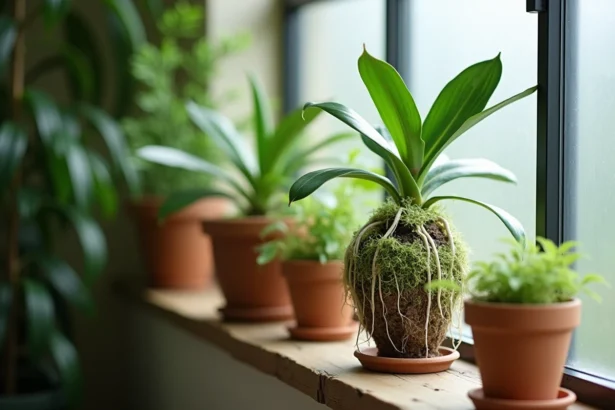 Orchidée en pot dans de la sphaigne verte humide, racines aériennes visibles, entretien naturel sur une étagère en bois