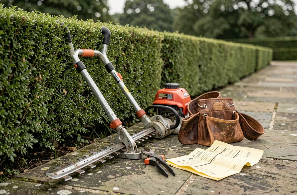 Outils professionnels de taille de haie et devis posés sur une margelle en pierre devant une haie d'if parfaitement taillée dans un jardin de campagne