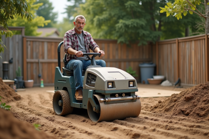 Ouvrier construction avec rouleau vibratoire en extérieur