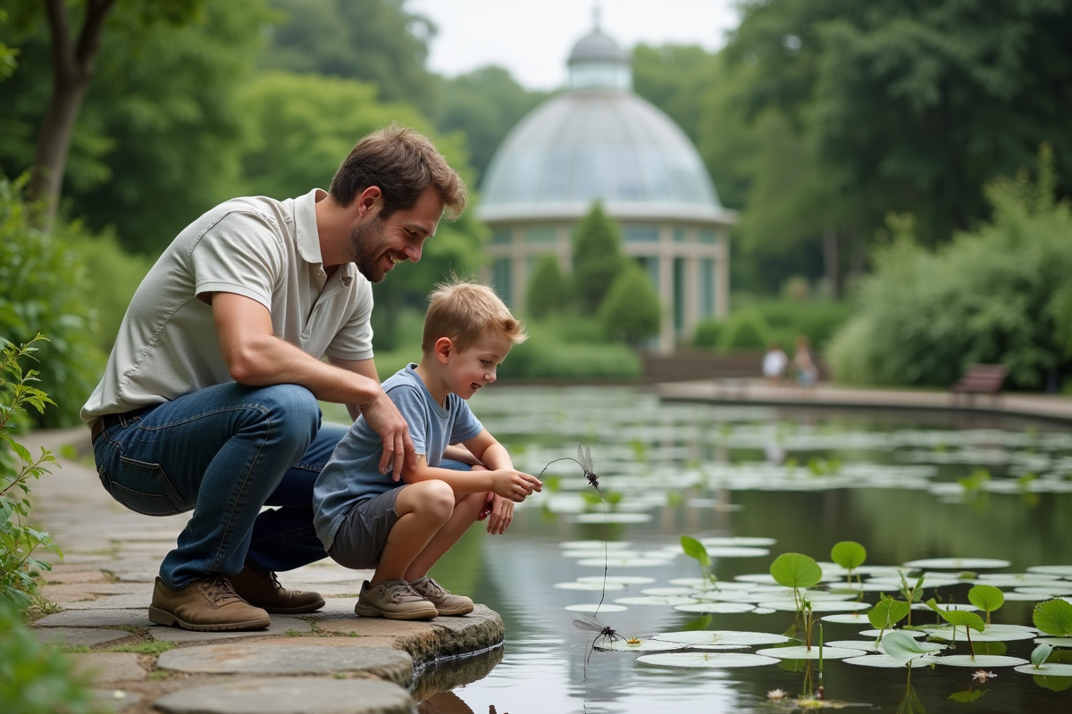 Père et fils explorant un étang dans un jardin botanique