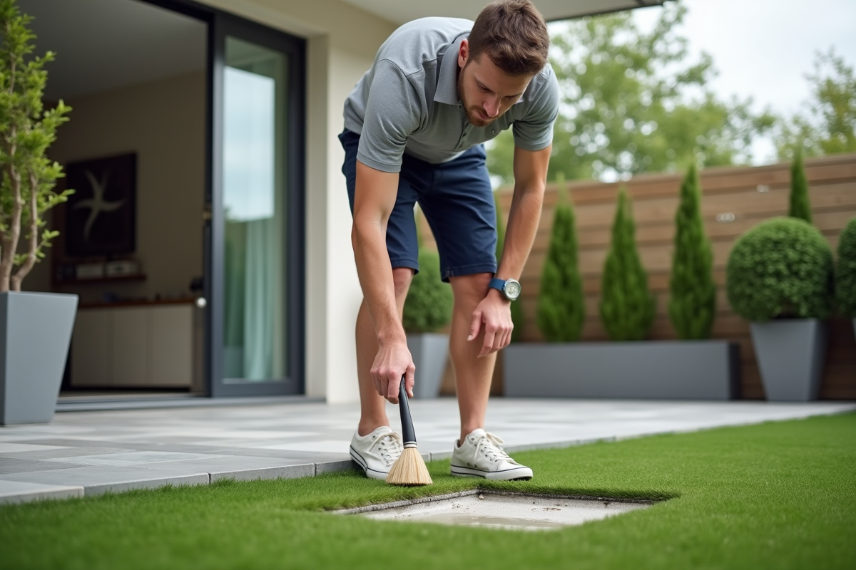 Jeune père en polo nettoyant une tache sur le gazon artificiel