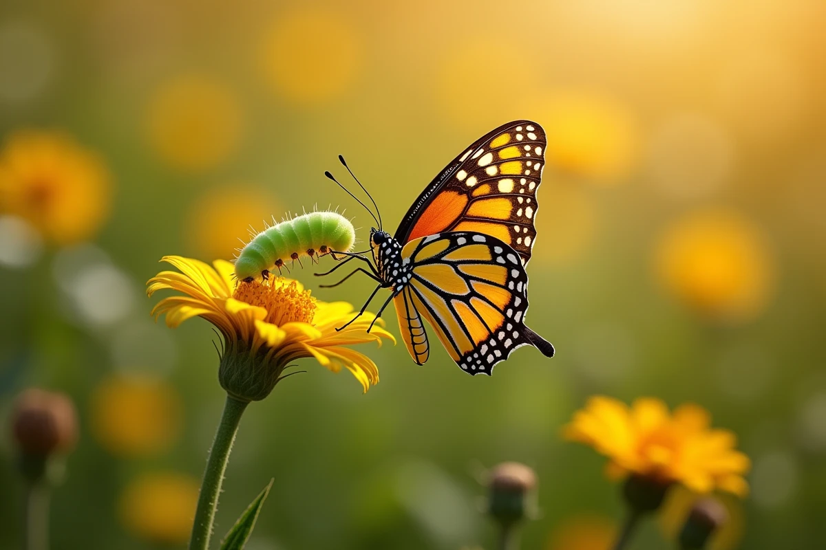 Papillon émergé posé sur une fleur à côté de la mue d'une chenille verte fluo, symbole de métamorphose complète dans une prairie