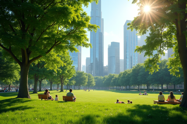 Parc urbain moderne avec arbres et personnes relaxant