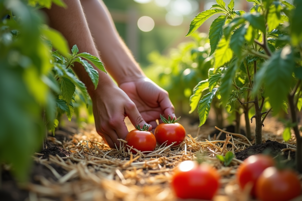 Mains de jardinier étalant du paillis naturel autour de plants de tomates