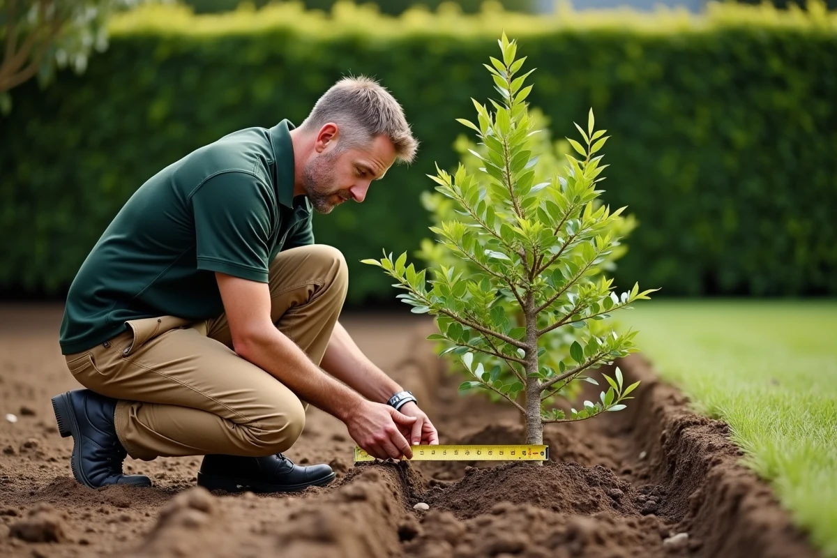 Paysagiste mesurant la distance de plantation entre deux jeunes pittosporums kohuhu en haie