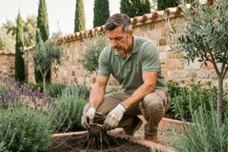 Paysagiste professionnel aménageant un jardin méditerranéen avec lavande et oliviers dans les Bouches-du-Rhône