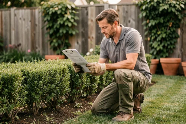 Paysagiste masculin examinant une facture dans un jardin résidentiel, illustrant la réalité des revenus du métier