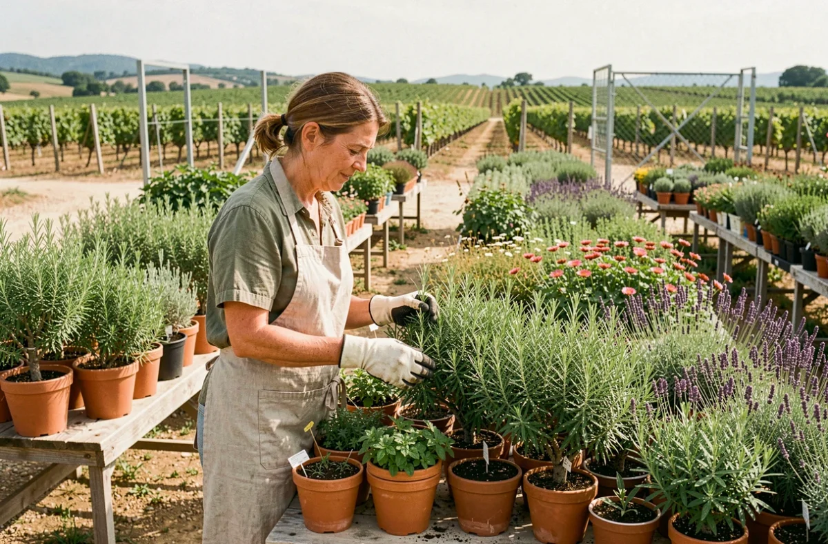 Spécialiste de la pépinière Terre de Vent examinant des plantes méditerranéennes en pots dans une pépinière des Pyrénées-Orientales