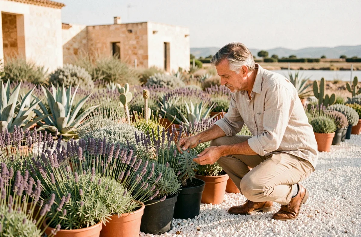 Pépinières Filippi à Mèze, spécialiste des plantes de climat sec avec lavandes, agaves et euphorbes en pot sur gravier blanc dans l'Hérault