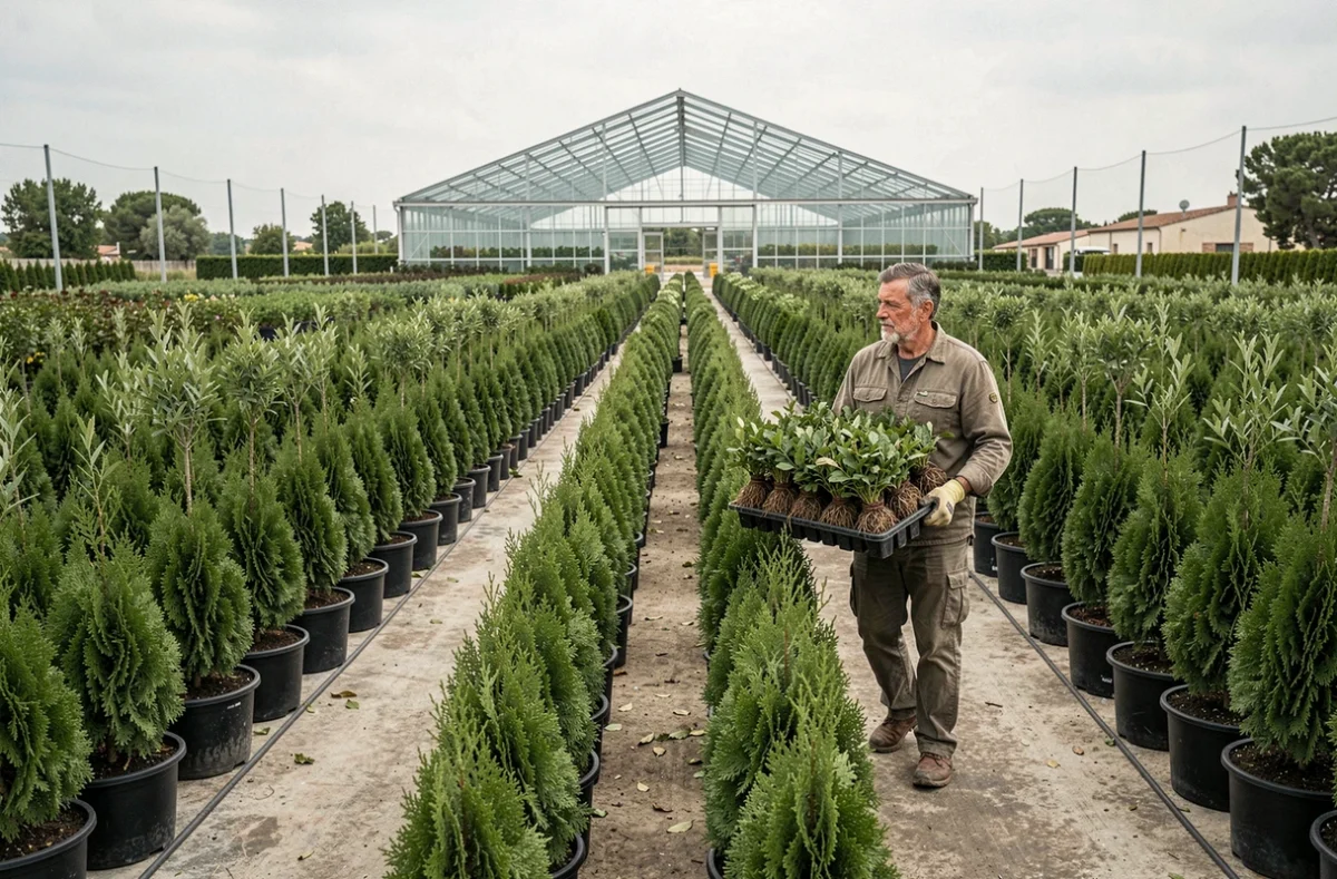 Pépinières d'Occitanie à Nîmes, vue sur les rangées de production professionnelle de végétaux en conteneurs avec serres en arrière-plan