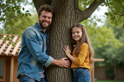 Père et fille examinent un chêne dans le jardin