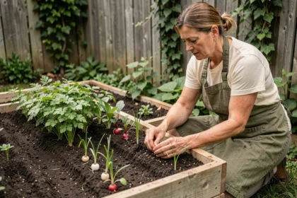 Jardinière semant du persil en association avec des radis et des carottes dans un potager surélevé en bois