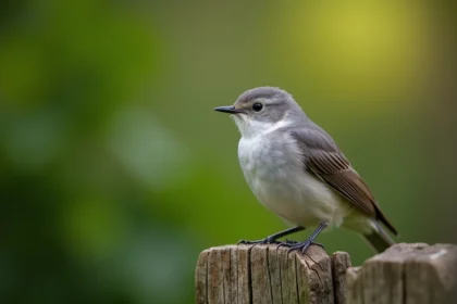 Petit oiseau gris et blanc posé sur un piquet de clôture en bois dans un jardin verdoyant, plumage détaillé