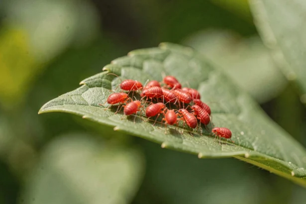 Petites bestioles rouges sur une feuille verte au printemps dans un jardin