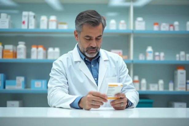 Pharmacien examinant une boîte de médicament Rotalin dans une pharmacie moderne