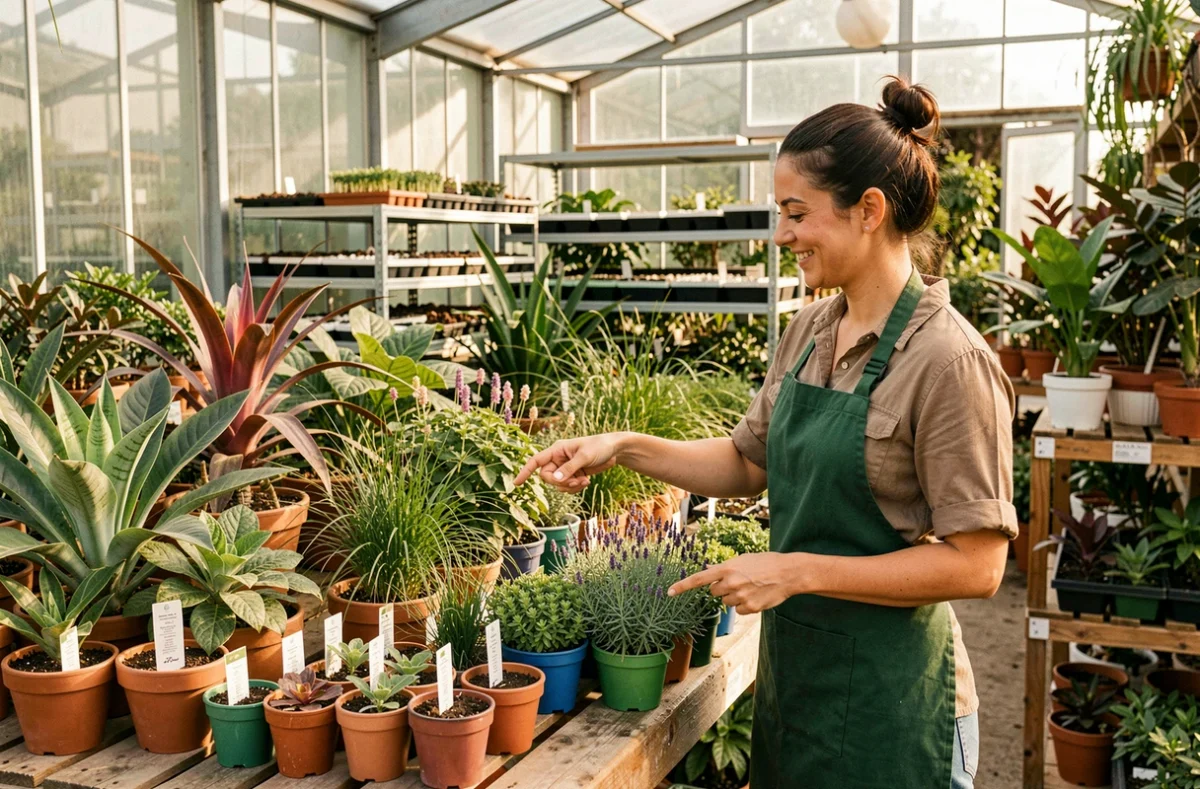 PHM Pépinière Horticole du Midi à Perpignan, large gamme de plantes variées sur des présentoirs en bois avec étiquettes détaillées