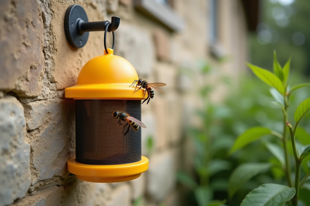 Gros plan d'un piège à frelons accroché à un mur en pierre avec des frelons européens attirés par le dispositif dans un jardin rural
