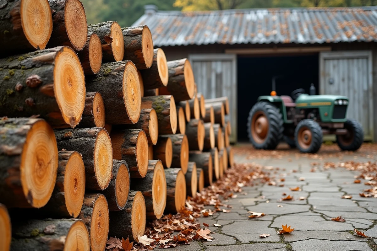 Pile de bûches de hêtre et chêne déjà abattues prêtes à la vente dans une ferme rurale