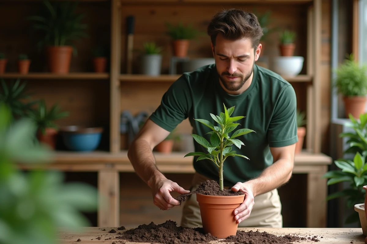 Jeune homme débutant en jardinage qui plante une bouture de pivoine arbustive dans un pot en terre cuite